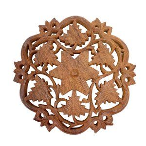 Vintage Hand Carved Wooden Trivet Hotplate with 1.1" Legs 6" Floral Leaf Design